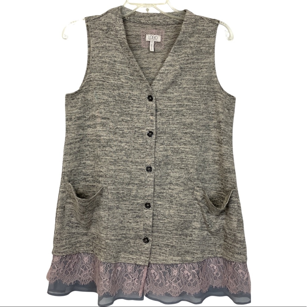 LOGO Lori Goldstein Button Up Gray Sweater Knit Top Vest Lace Chiffon Hem Sz S